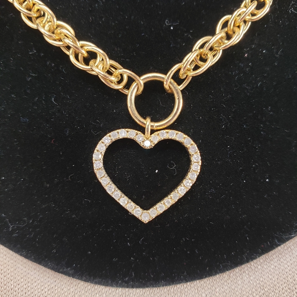Sterling Silver Vermeil Gold Plated Diamond Heart Pendant Necklace Italy